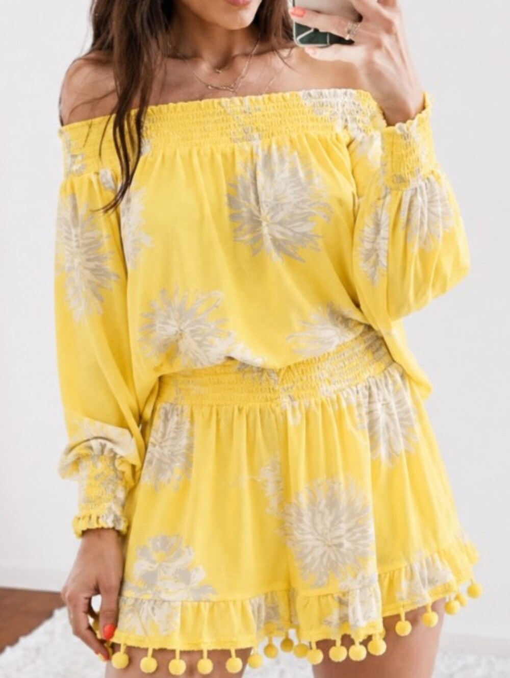 Ramy Brook Swim Skirt Set Off The Shoulder Pom Pom Sheer